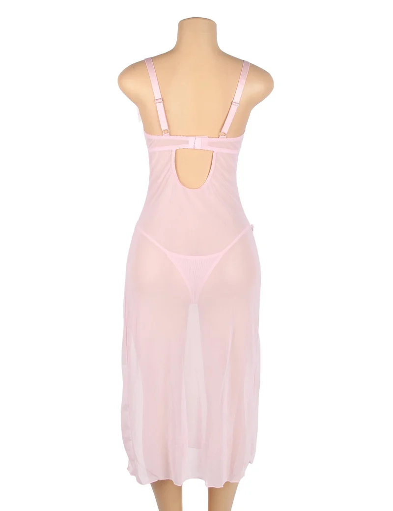 Rosa Netz-Camisolekleid – mit Schleifenträgern, Bügeln, 3D-Schleifen und Schlitz vorne.