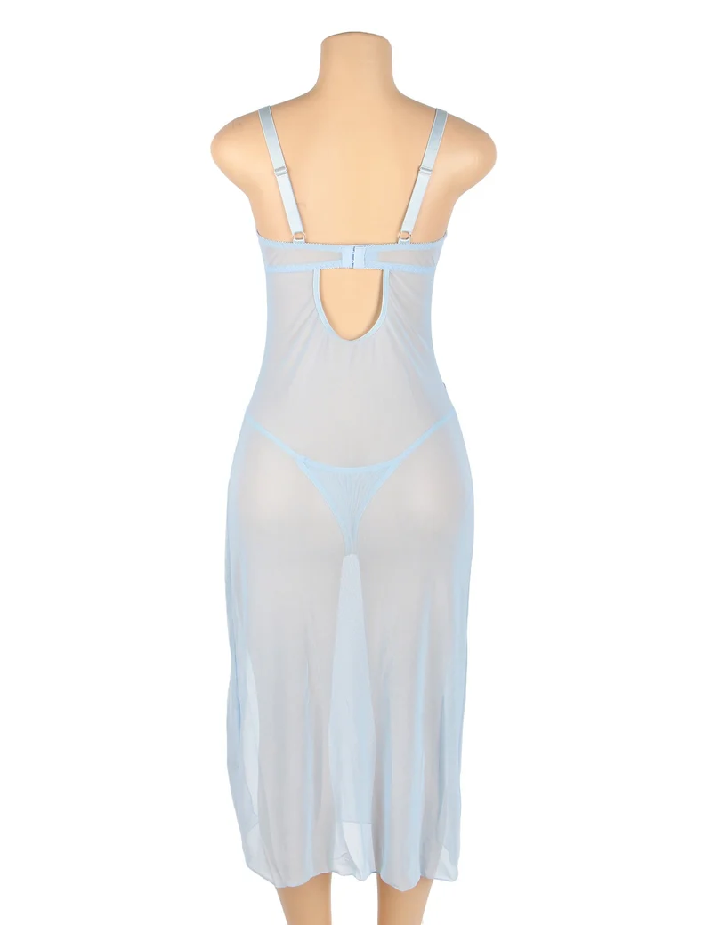 Blaues Netz-Camisolekleid – mit Schleifenträgern, Bügeln, 3D-Schleifen und Schlitz vorne.