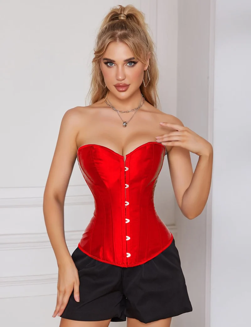 Rotes Satinkorsett mit Netzärmeln im Laternenstil und Stahlschnalle