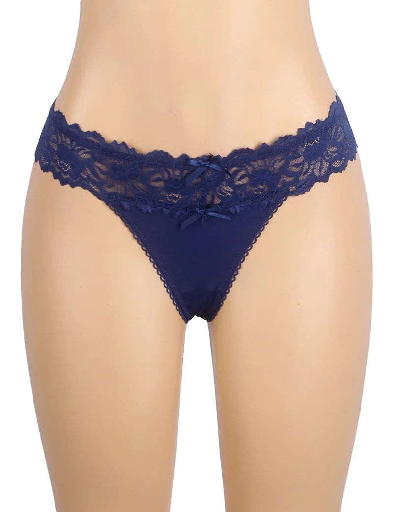 Denimblauer Netz-Slip – gekreuzter Rückenausschnitt, Schleife und Spitzenbesatz am Saum