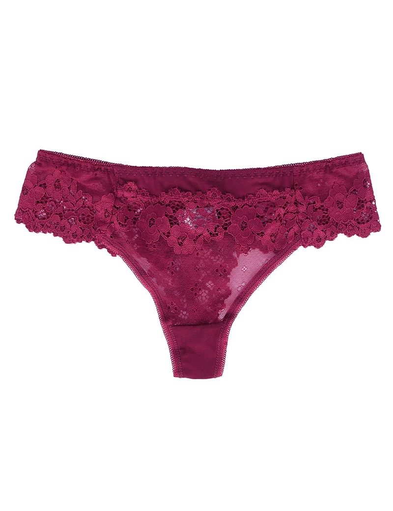 Slip mit burgunderfarbenem Spitzenbesatz – Elastischer Bund & Baumwollzwickel