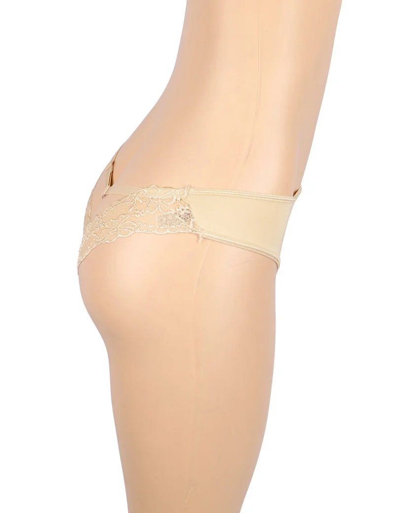 Beigefarbener Milchseiden-Slip – Spitze und Cut-Out-Rücken mit Baumwollfutter