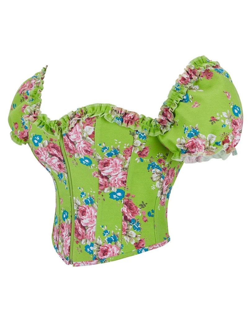 Grünes bedrucktes Korsett mit Puffärmeln und herzförmigem Bustier