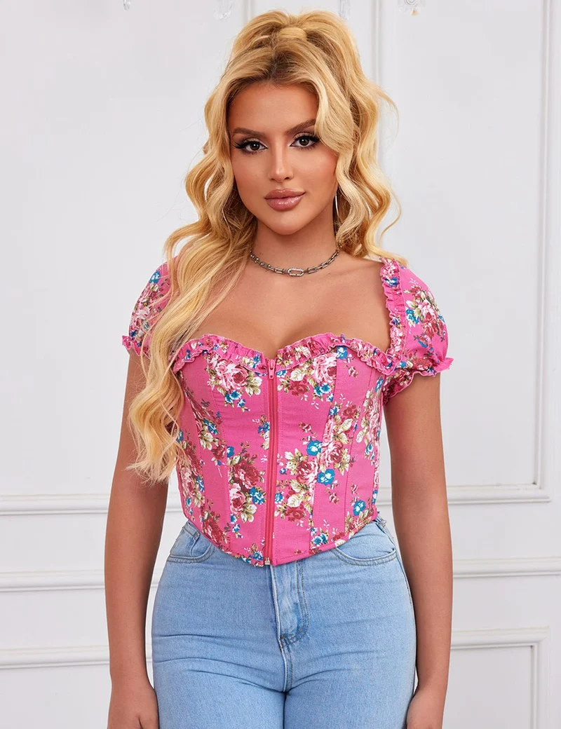 Rosa bedrucktes Korsett mit Puffärmeln und Herzbustier