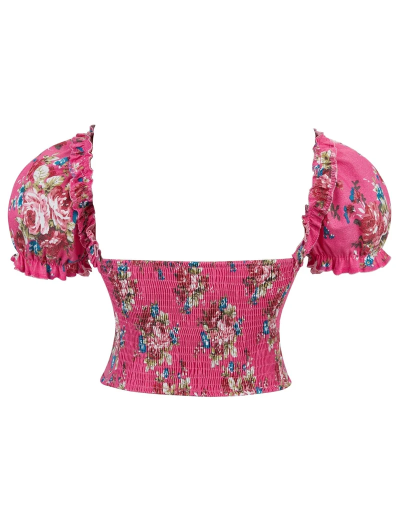 Rosa bedrucktes Korsett mit Puffärmeln und Herzbustier