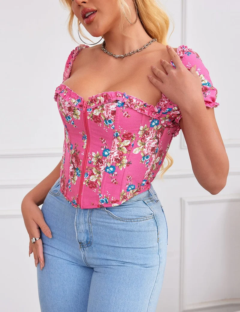 Rosa bedrucktes Korsett mit Puffärmeln und Herzbustier