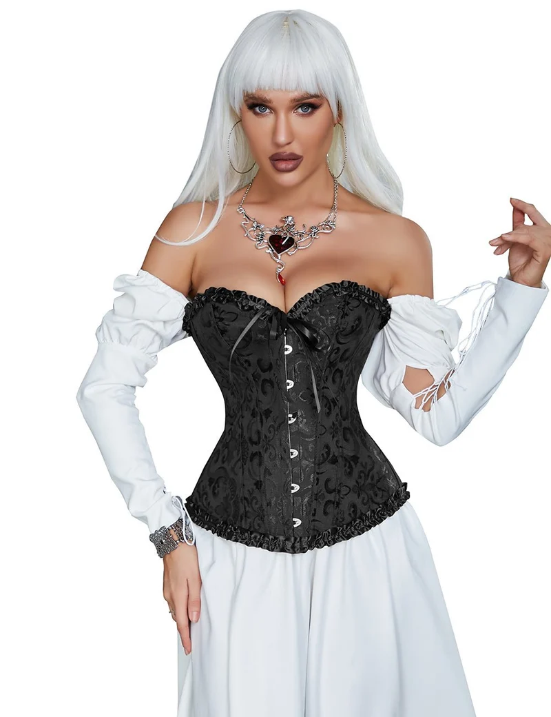Schwarzes, trägerloses Jacquard-Korsett mit Spitzenbesatz und Schleife