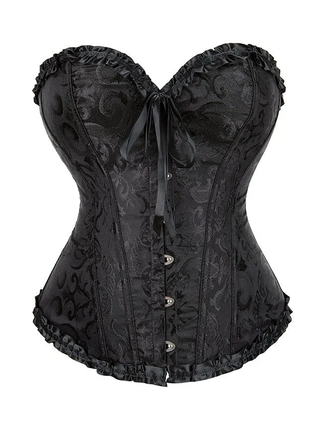 Schwarzes, trägerloses Jacquard-Korsett mit Spitzenbesatz und Schleife