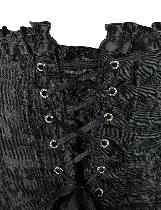 Schwarzes, trägerloses Jacquard-Korsett mit Spitzenbesatz und Schleife