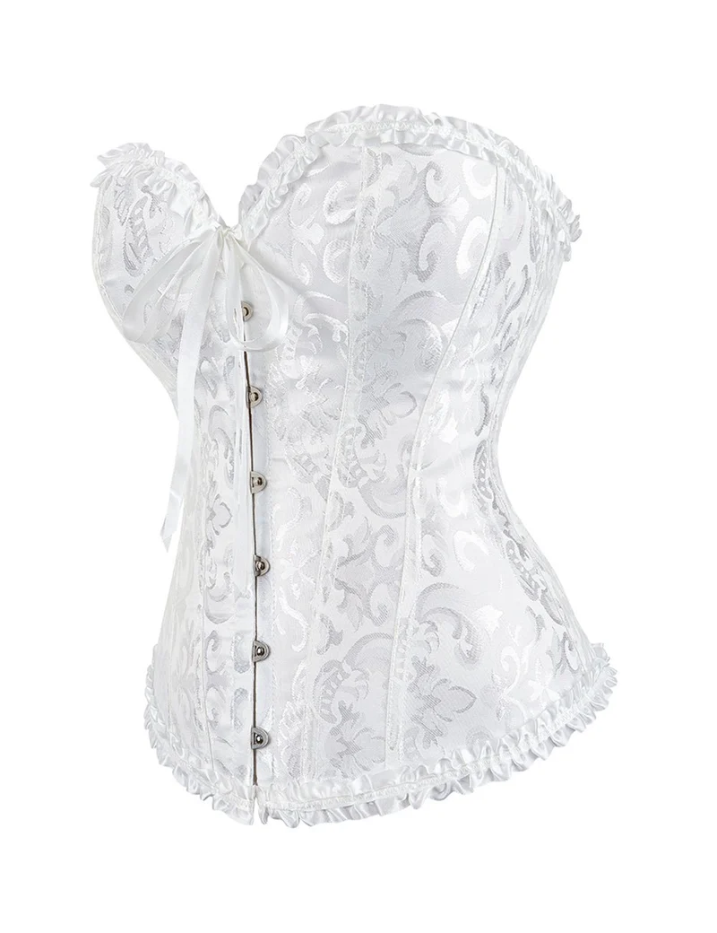 Weißes, trägerloses Jacquard-Korsett mit Spitzenbesatz und Schleife