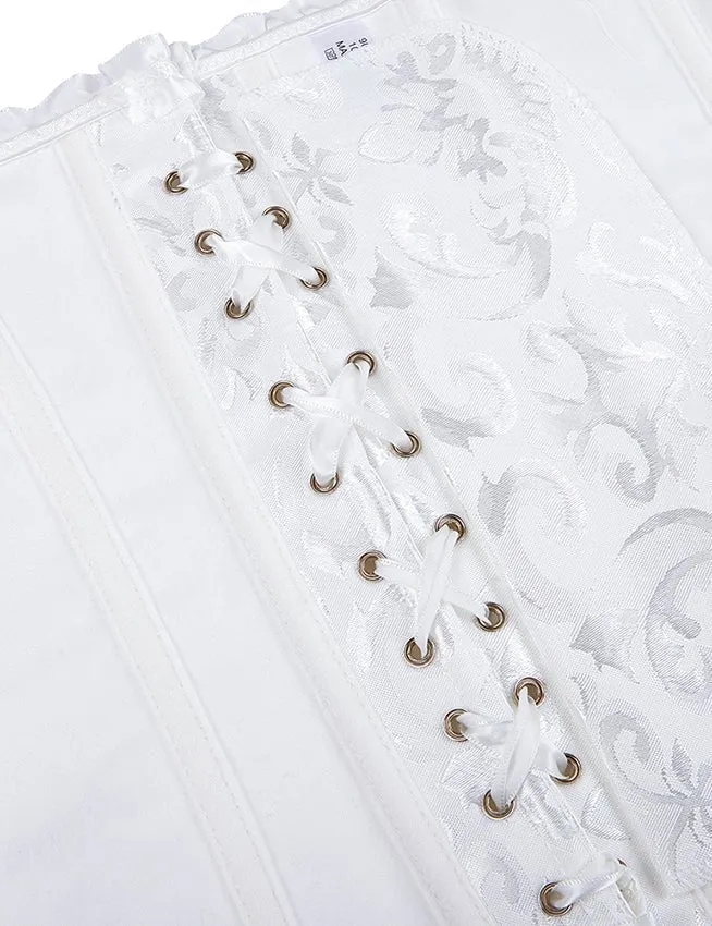 Weißes, trägerloses Jacquard-Korsett mit Spitzenbesatz und Schleife