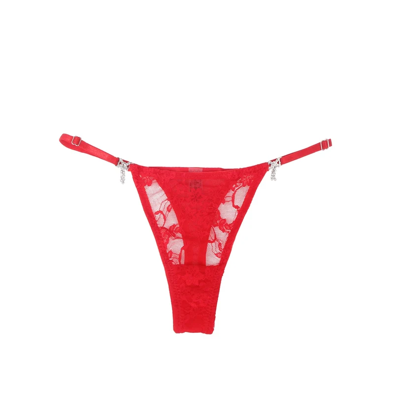 Roter String-Tanga aus Spitzenmesh – Verstellbarer Bund & Strass-Schleifenknöpfe