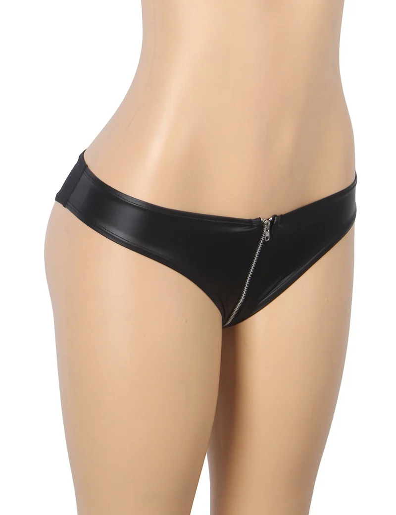 Schwarzer Slip aus PU-Leder – Mesh-Einsätze, Reißverschluss vorne und Baumwollpolster
