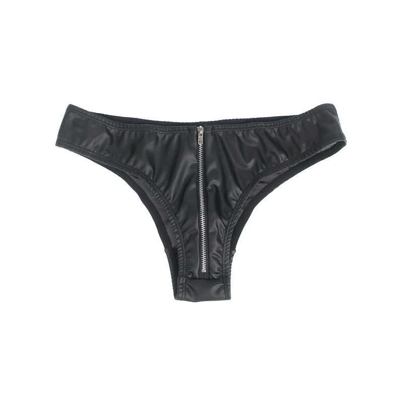 Schwarzer Slip aus PU-Leder – Mesh-Einsätze, Reißverschluss vorne und Baumwollpolster