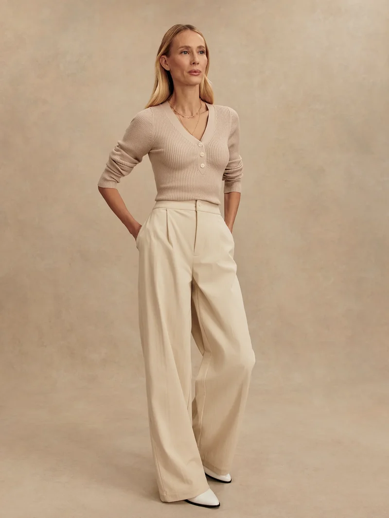 Blanca V-Neck Rib Knit Top Cement