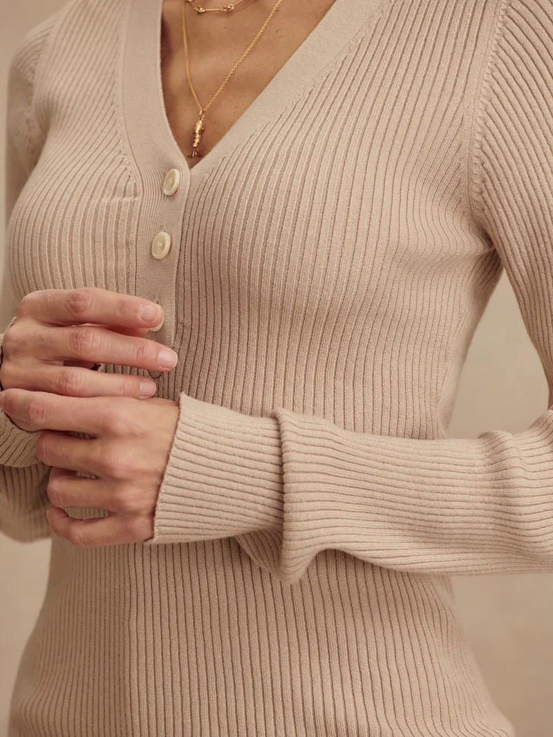 Blanca V-Neck Rib Knit Top Cement