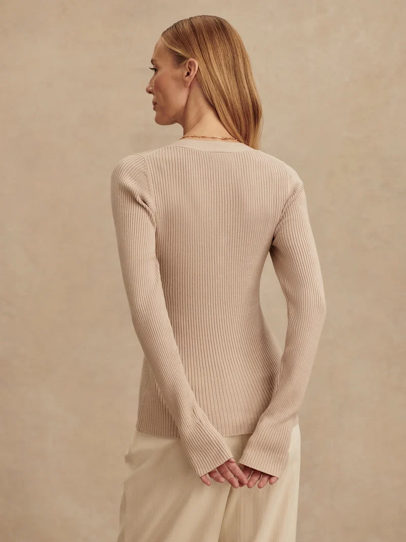 Blanca V-Neck Rib Knit Top Cement