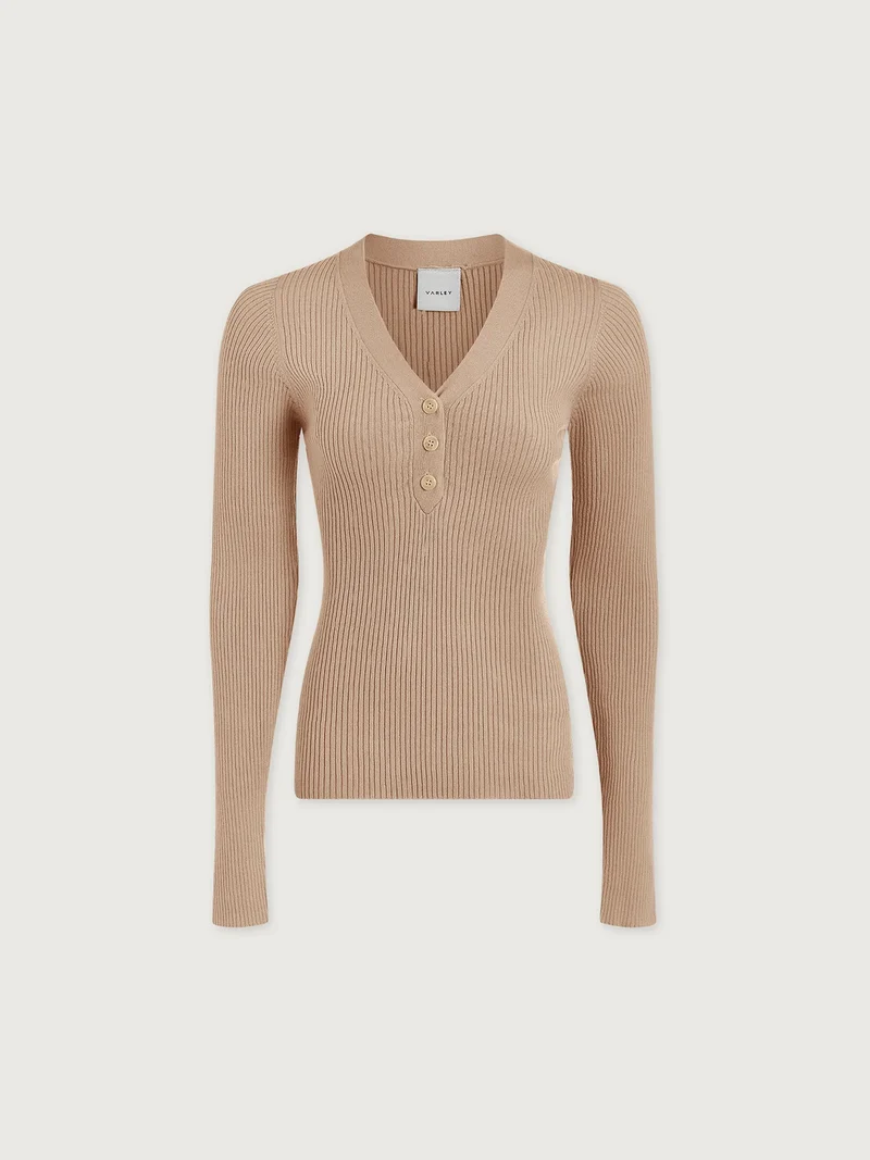 Blanca V-Neck Rib Knit Top Cement