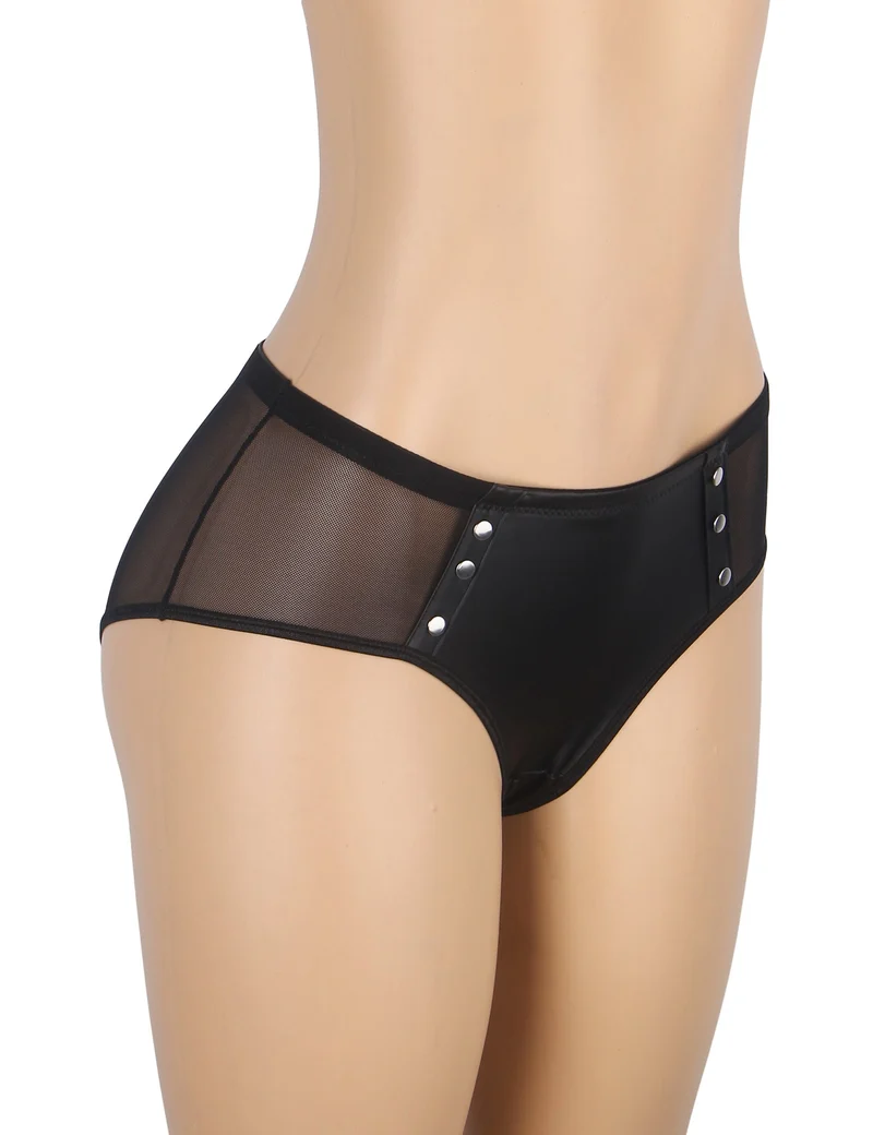 Schwarzer Slip aus PU-Leder – Mesh, Metallnieten & Baumwollzwickel