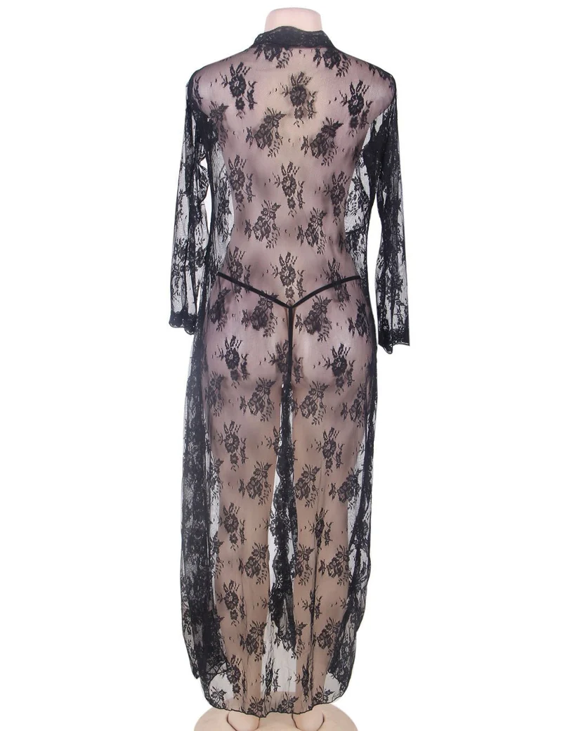 Schwarzes Babydoll mit Blumenmuster und Spitze – offene Vorderseite, lange Ärmel und Seidenband