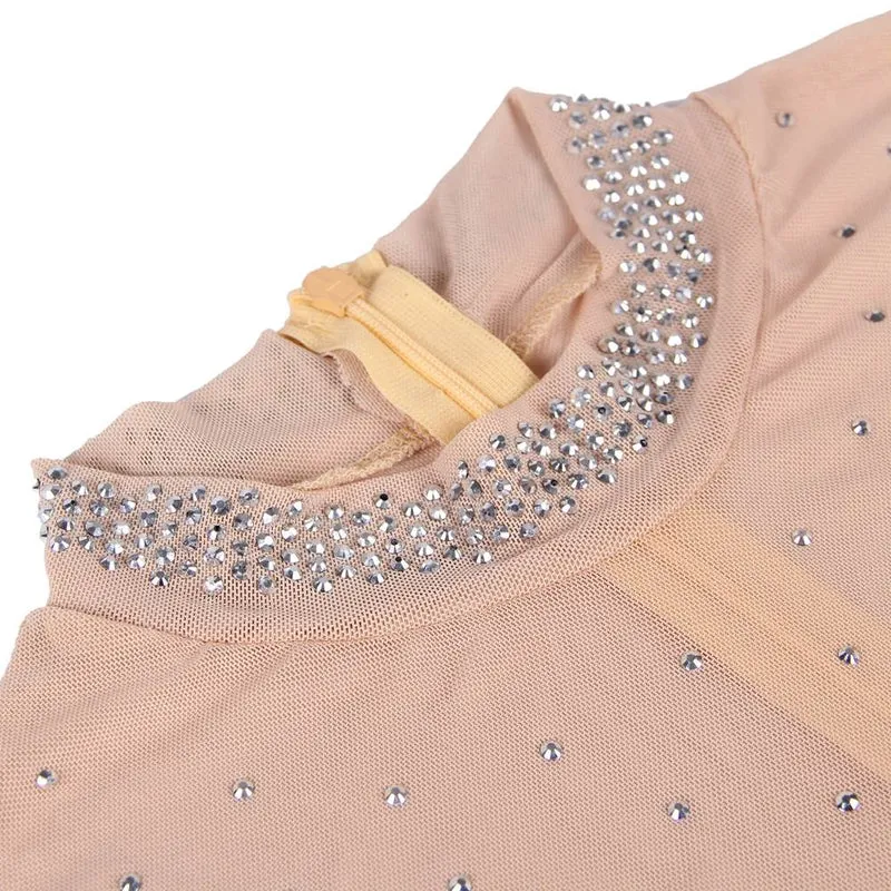 Beigefarbener Teddy-Pullover aus Mesh mit hohem Kragen – Langarm mit Strassdetails