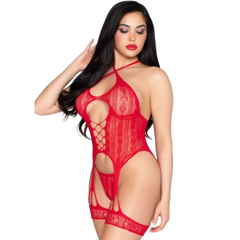 LEG AVENUE - 89338 OFFENER SPITZEN-Bodysuit MIT STRUMPFGÜRTEL + STRING ROT - EINE GRÖSSE