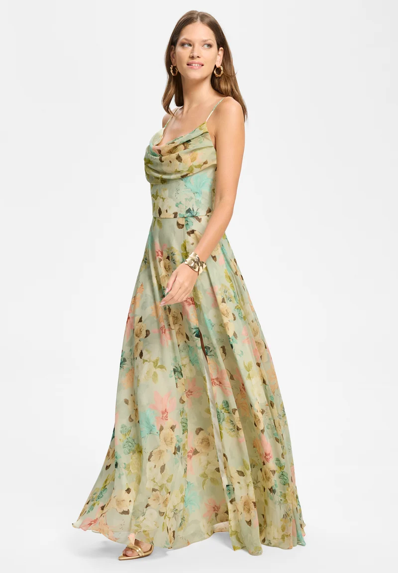 Abendkleid aus floral bedrucktem Chiffon mit Wasserfall-Ausschnitt und Beinschlitz