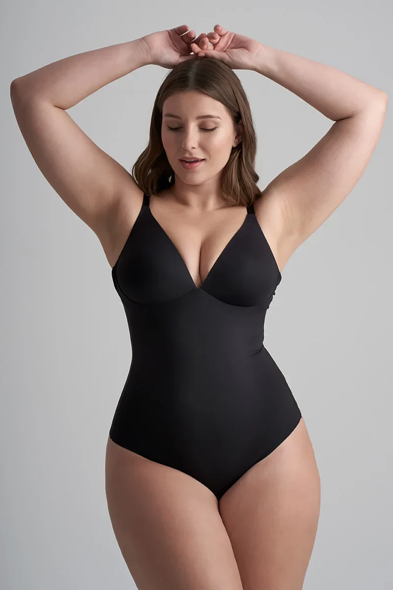 ByeBra – Formgebende Unterwäsche (Starker Halt) Formgebender Body, gepolstert, ohne Bügel, Schwarz