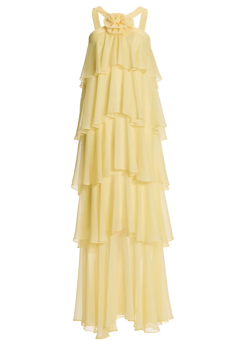 Abendkleid aus Crinkle Chiffon mit gestuften Volants und Stoffblüte