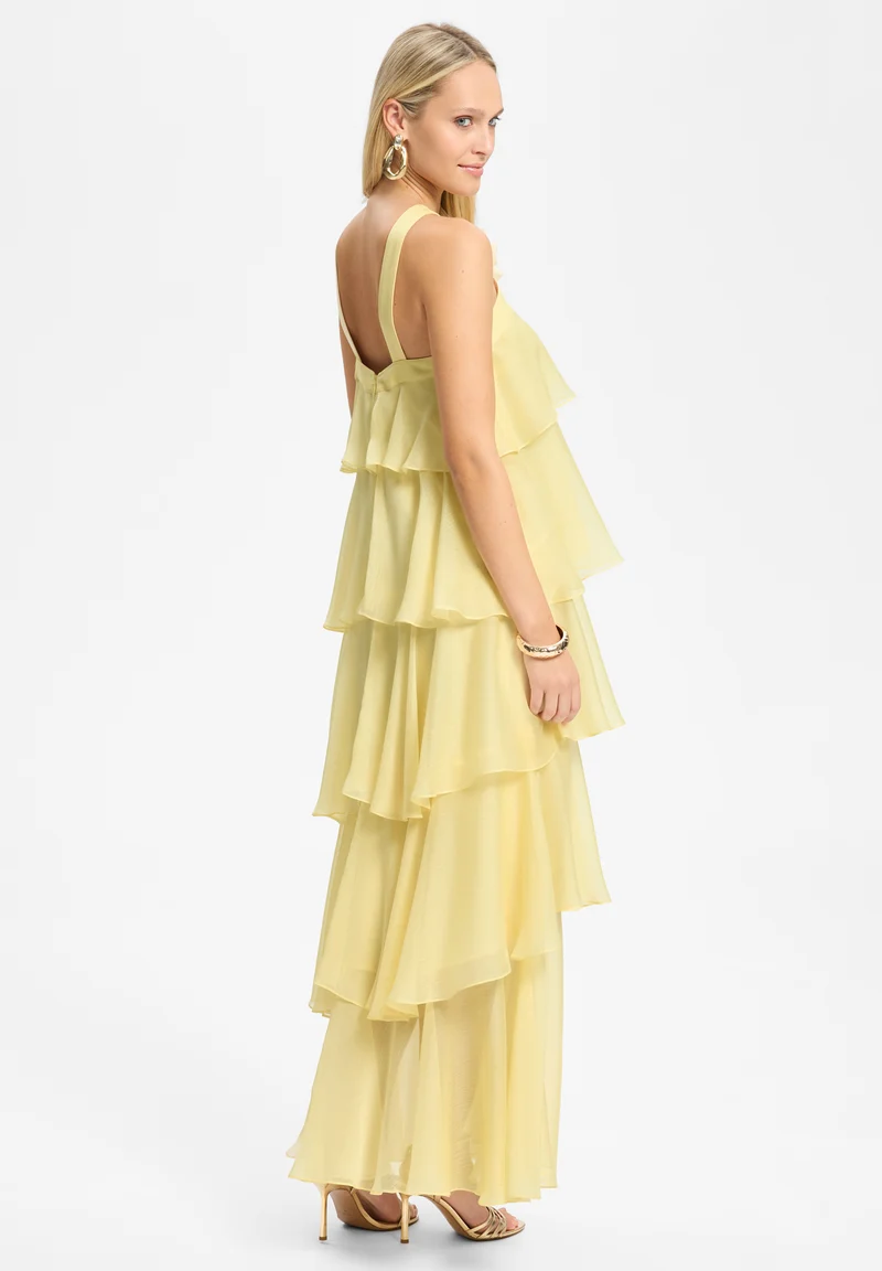 Abendkleid aus Crinkle Chiffon mit gestuften Volants und Stoffblüte