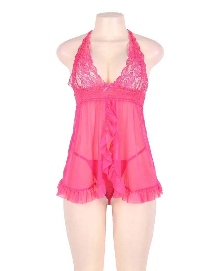 Rosa Babydoll mit Neckholder aus Netzstoff – Brust und Rücken aus Spitze, Schlitz vorne, Rüschenbesatz und passender String.