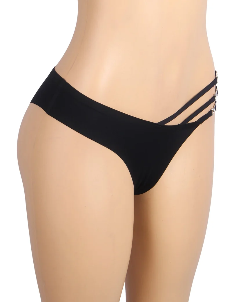 Schwarzer, nahtloser Slip – Dekorativer Ringbund, Nylon-Bademodenstoff & abschneidbarer Saum