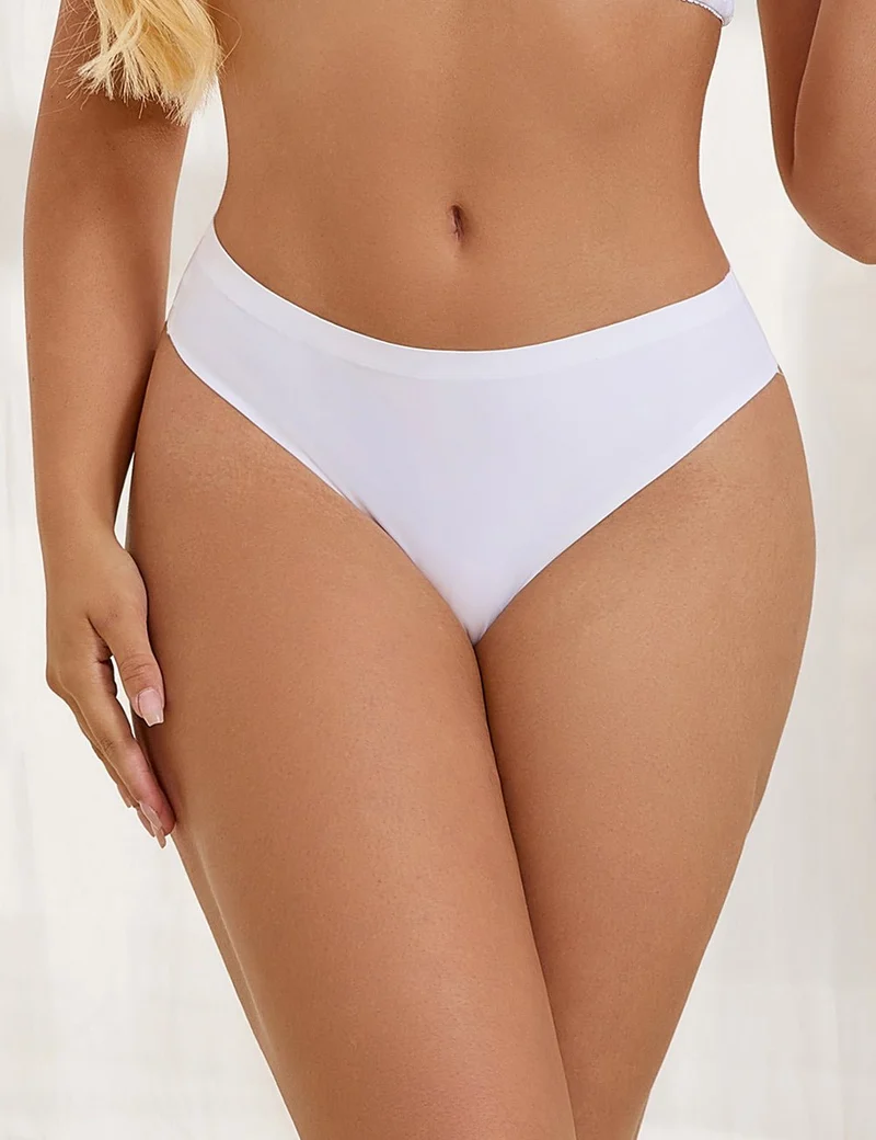 Weißer, nahtloser Triangel-Slip aus hochelastischem Material – niedriger Bund und verstellbarer Beinausschnitt