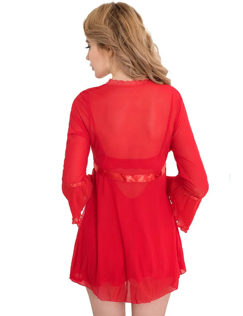 Rotes, transparentes Babydoll aus Mesh – mit Bügel-BH, Spitzenbesatz, Schleifenverzierung und passendem String-Set