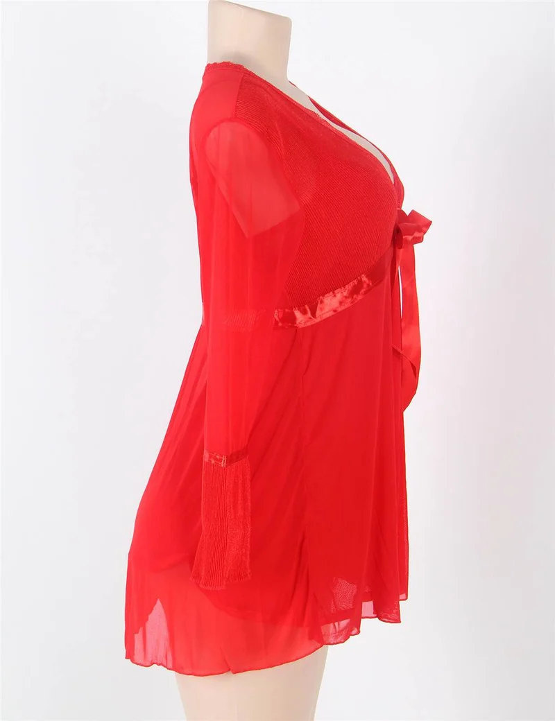 Rotes, transparentes Babydoll aus Mesh – mit Bügel-BH, Spitzenbesatz, Schleifenverzierung und passendem String-Set