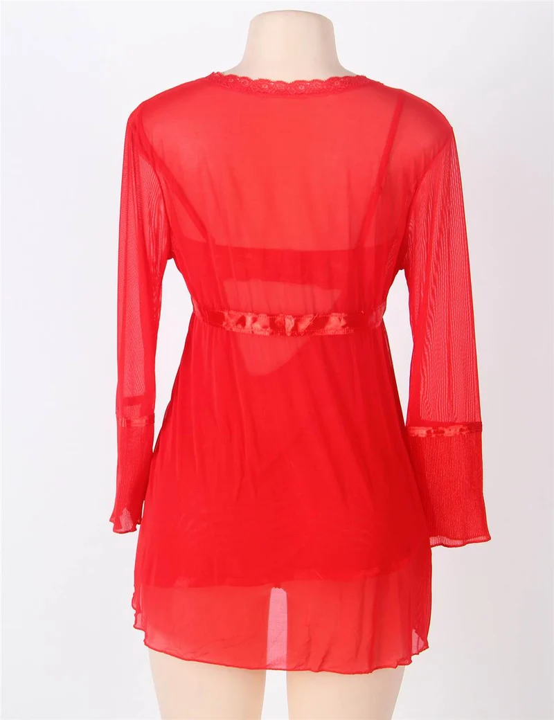 Rotes, transparentes Babydoll aus Mesh – mit Bügel-BH, Spitzenbesatz, Schleifenverzierung und passendem String-Set
