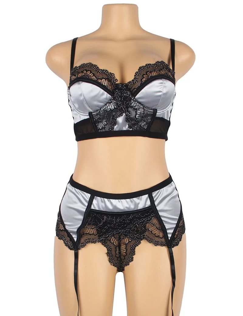 Silbergraues Bügel-BH-Set aus Spitze und Mesh – gepolsterte Cups, verstellbare Verschlüsse und Strumpfhalter