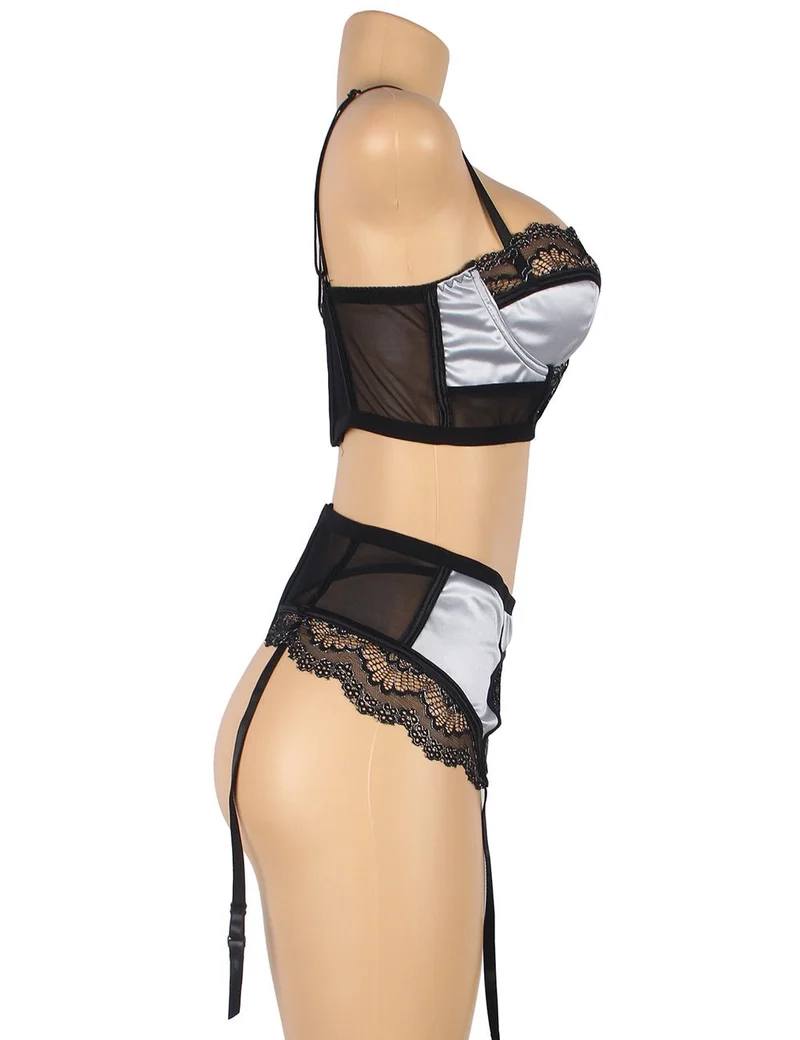 Silbergraues Bügel-BH-Set aus Spitze und Mesh – gepolsterte Cups, verstellbare Verschlüsse und Strumpfhalter