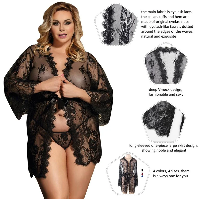 Schwarzes Babydoll aus Wimpernspitze – Weite Ärmel, Knopfleiste, Satinbund & String-Set