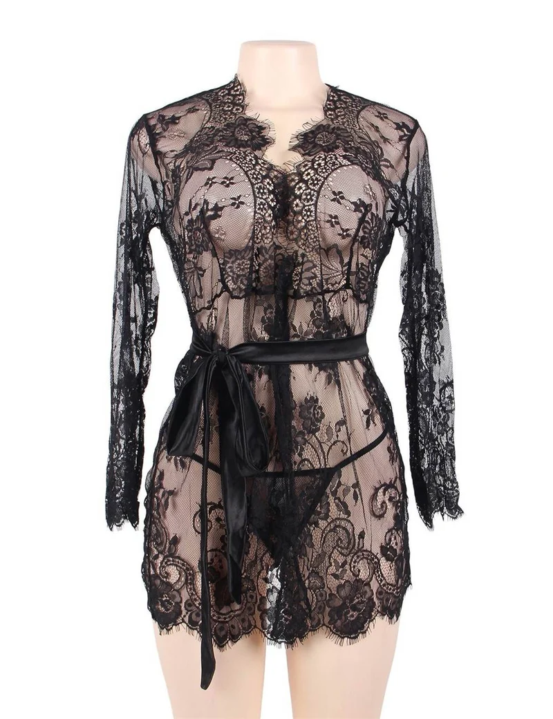 Schwarzes Cardigan-Kleid mit Wimpernspitzenbesatz – Rohspitzenbesatz, abnehmbarer Satinbund und kurzer Morgenmantel