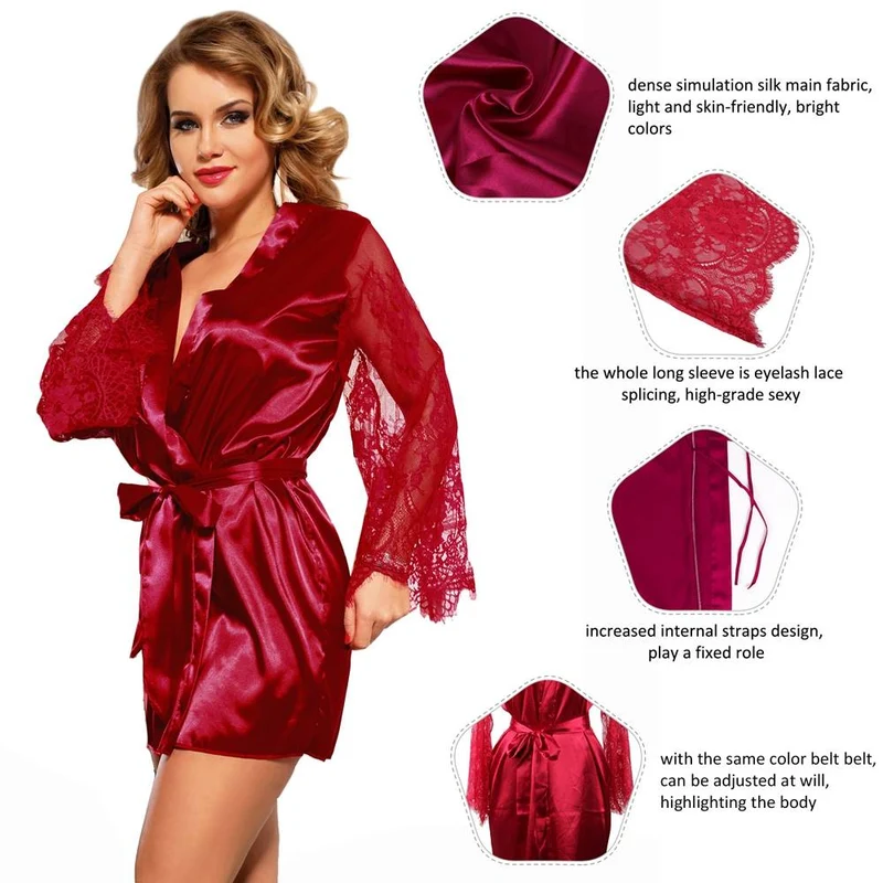 Weinrotes Satin-Nachthemd – Ärmel aus Wimpernspitze, weiter Ausschnitt, verstellbarer Gürtel und passendes String-Set