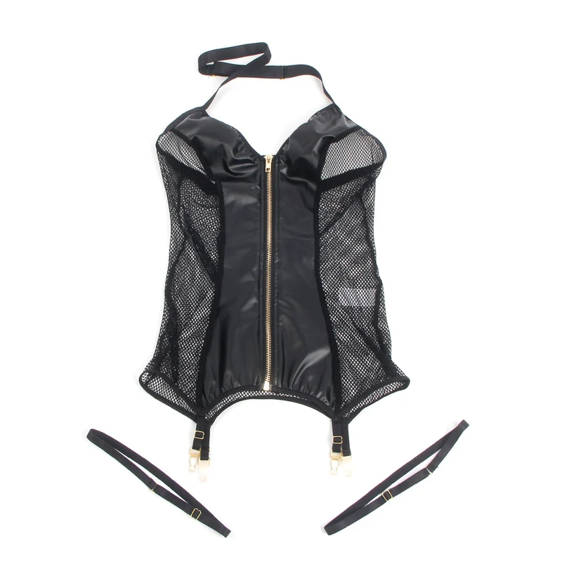 Schwarzes Nachthemd aus PU-Leder mit Mesh-Einsätzen und Neckholder – Reißverschluss vorne, abnehmbarer Beinriemen und durchbrochener Mesh-Rücken