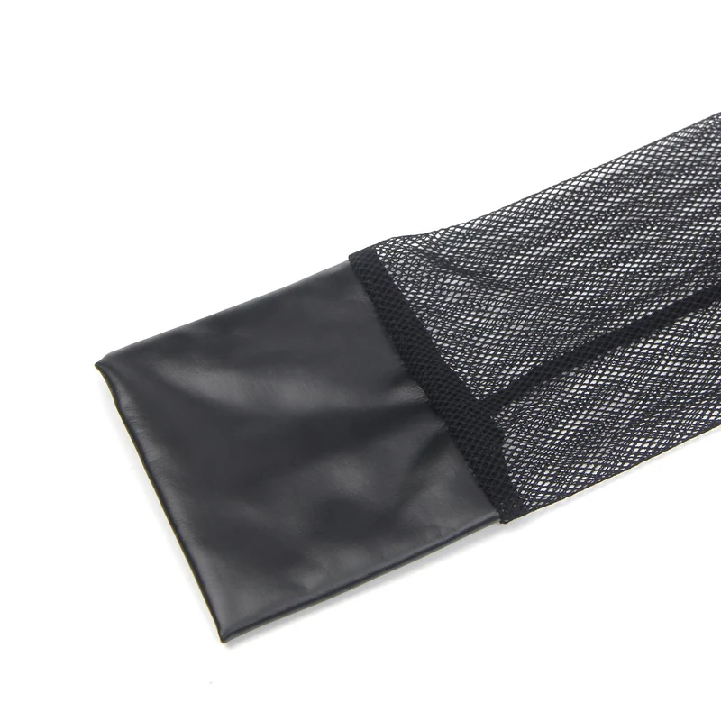 Schwarzer Magic Body aus PU-Leder – Mesh-Einsätze, Frontreißverschluss, offener Rücken, abnehmbare Ärmel, Beinschlaufen und Stirnband