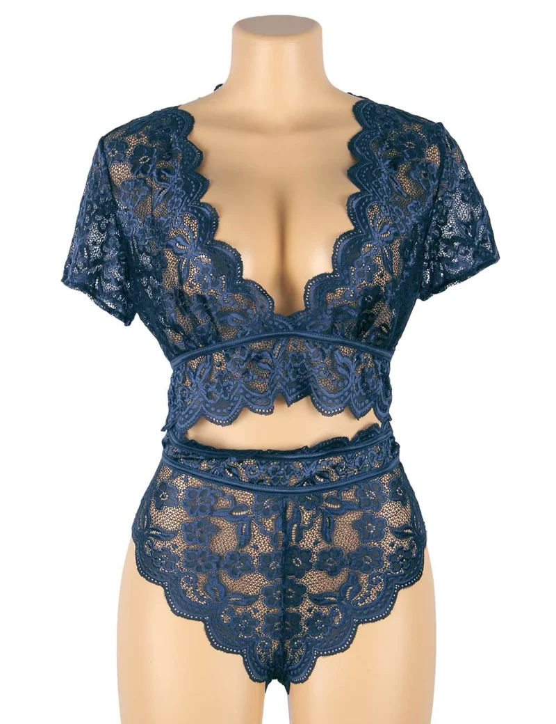 Denimblaues Set aus glänzendem Spitzen-BH und hochgeschnittenem Höschen – Crop-Top mit tiefem V-Ausschnitt