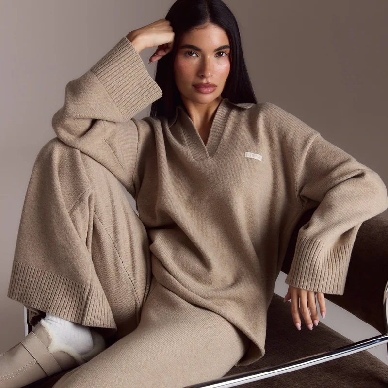 Half Placket Knitted Jumper - Mink