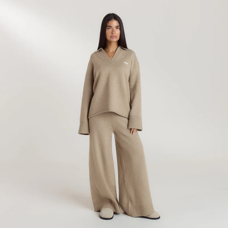 Ribbed Hem Knitted Trousers - Mink