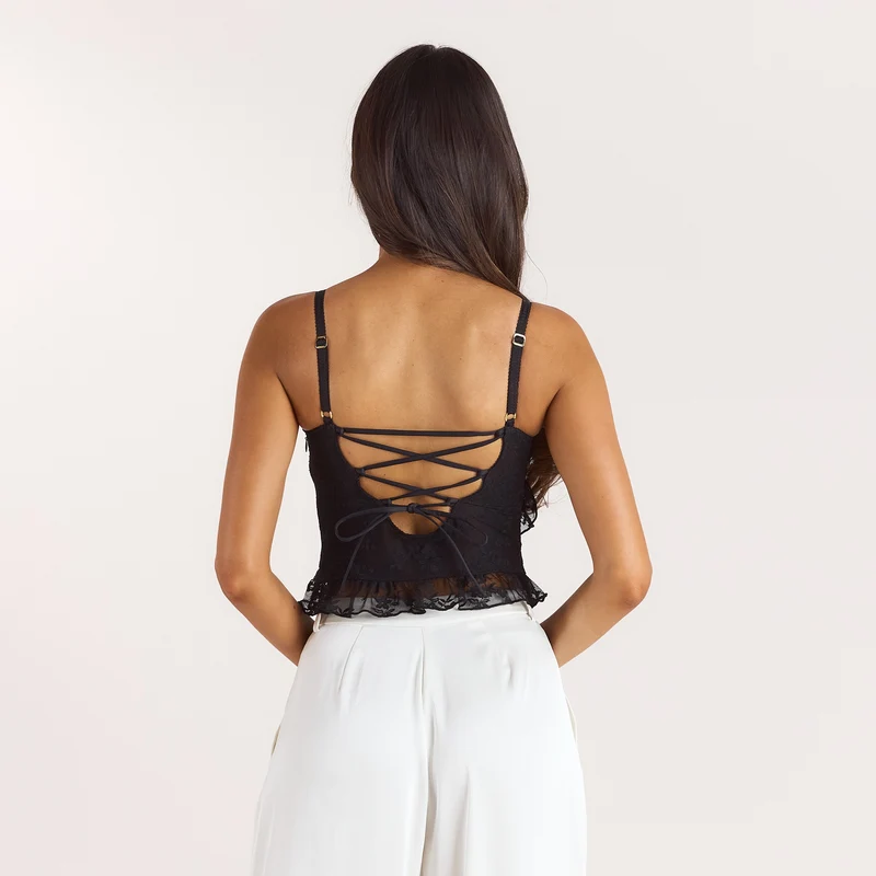 Asymmetric Lace Cami Top - Black