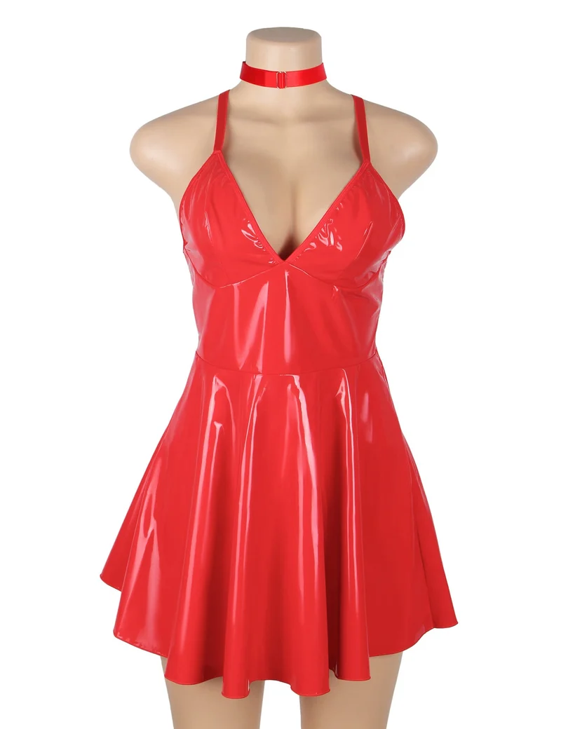 Rotes Lackleder-Neckholder-Nachthemd mit Spiegeleffekt – Tiefer V-Ausschnitt, rückenfreier Cut-out, Knopfleiste am Rücken und abnehmbarer Halsring
