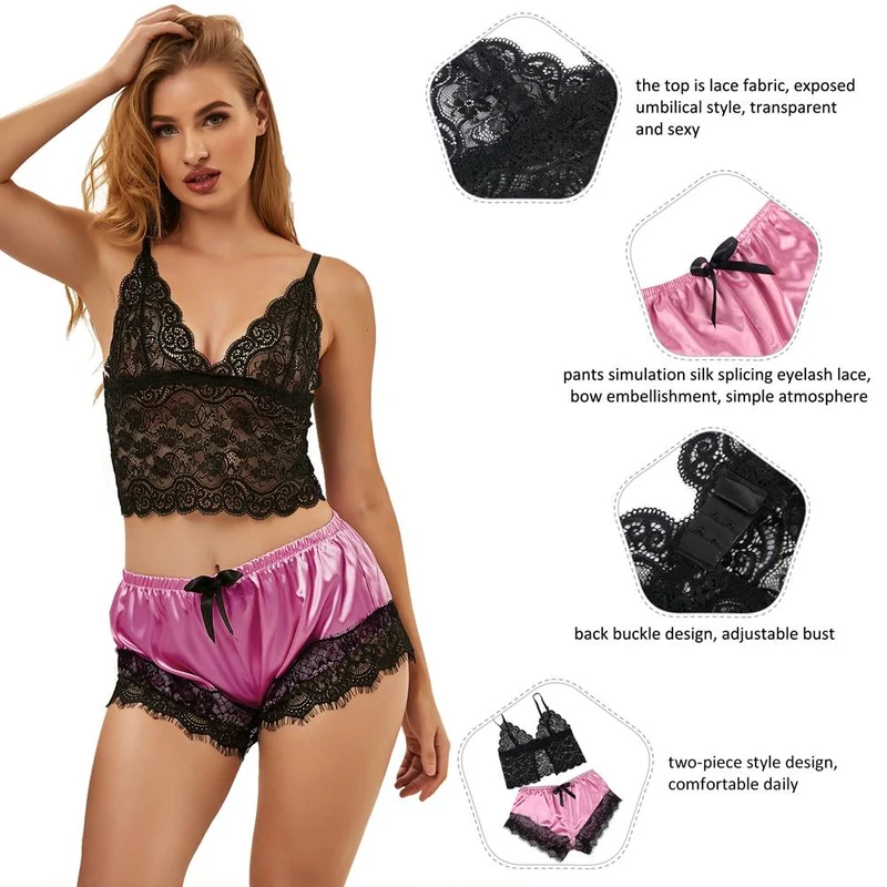 Spitzen-Camisole & Seiden-Wimpernspitzen-Pyjama-Set – Cropped Top mit Schleifendetail und Hose