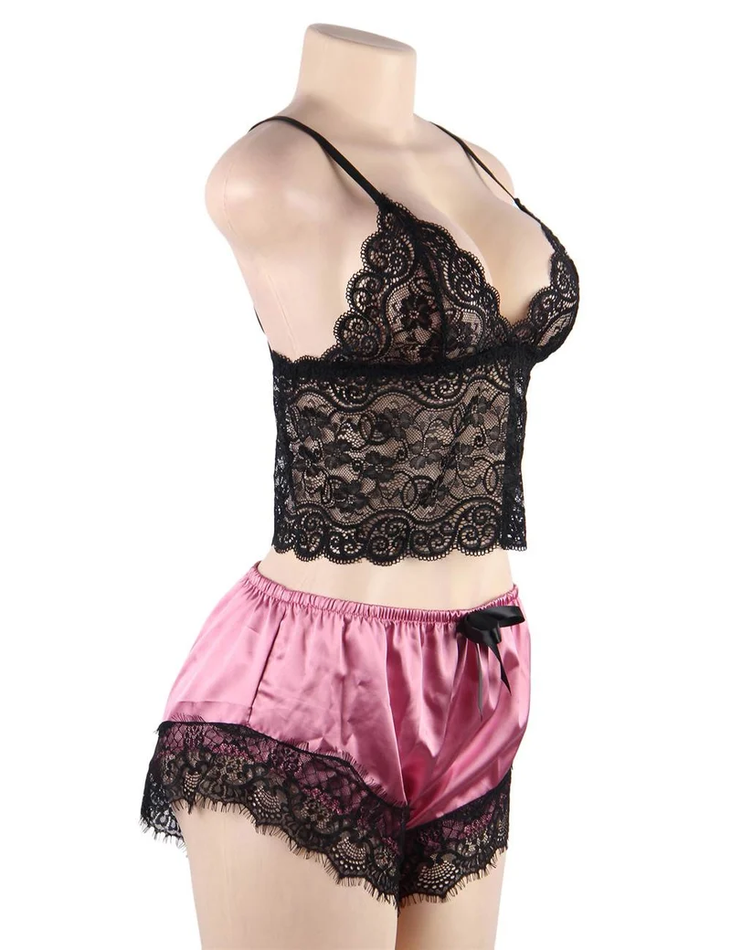 Spitzen-Camisole & Seiden-Wimpernspitzen-Pyjama-Set – Cropped Top mit Schleifendetail und Hose